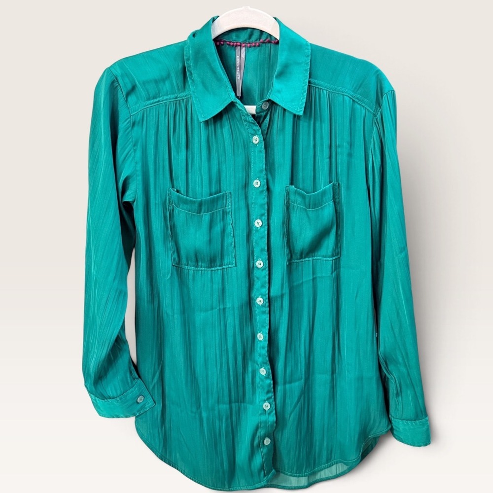 Anthropologie Green Button Down Shirt Long Sleeve Pocket Blouse XS